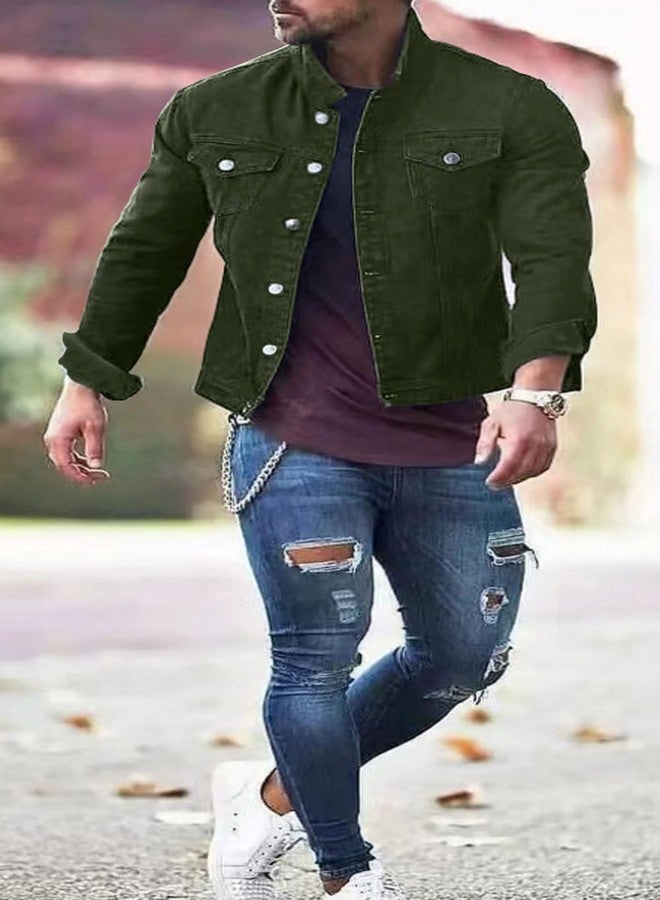 CHARTOU Men's Denim Jacket Casual Regular Fit Button Down Long Sleeve Jean Trucker Jacket (X-Large, Army Green) - Image 3